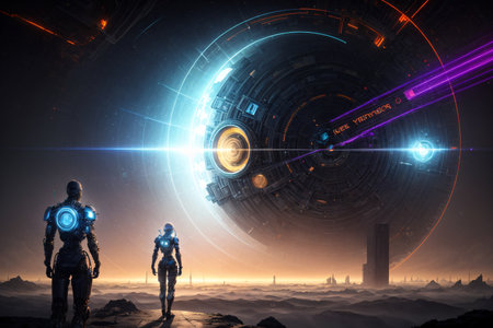 Two cyborgs standing on the background of the planet. 3D renderingの素材