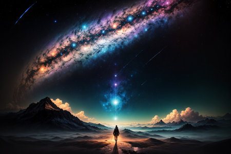 Fantasy scene with a man standing in front of the milky wayの素材