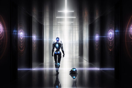 Cyborg standing in front of a tunnel with glowing lights. 3D renderingの素材