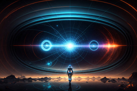 Futuristic technology background with a man in a business suit.の素材