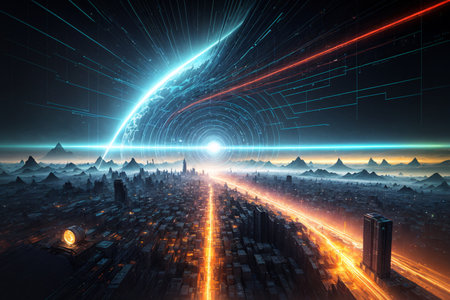 Futuristic city with glowing lines and planet earth. 3D renderingの素材
