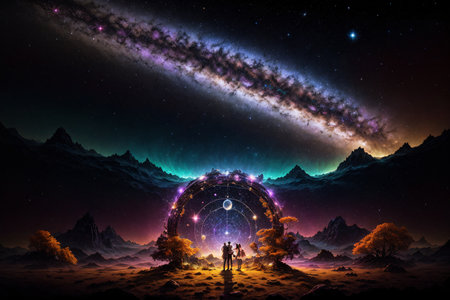 Fantasy landscape with planets, stars and nebula in the skyの素材