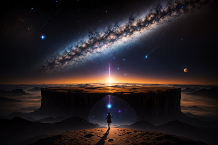 Woman standing on the edge of a cliff and looking at the milky wayの素材
