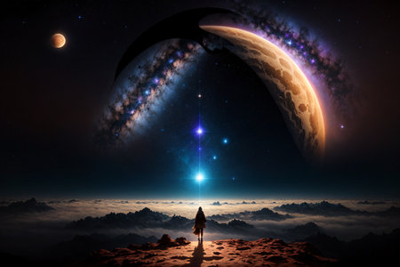 Woman standing on the edge of the moon. 3D rendering.の素材