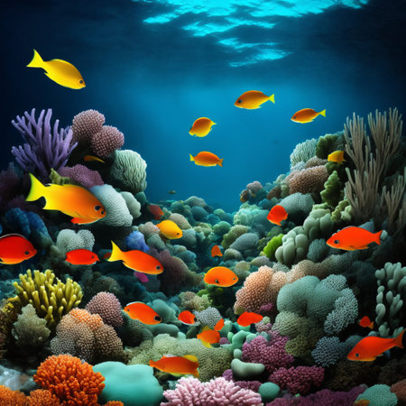 Underwater view of a marine environment with a blue ocean and untamed nature in the backdrop. Generative AIの素材