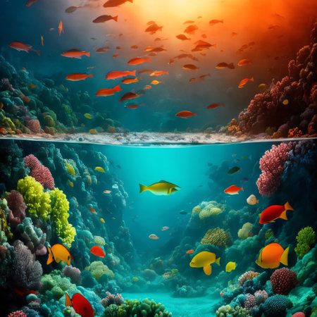 Underwater view of a marine environment with a blue ocean and untamed nature in the backdrop. Generative AIの素材