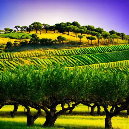 Delicious olives in a picturesque olive grove branch with olive fruits on the tree. Generative AI,の素材