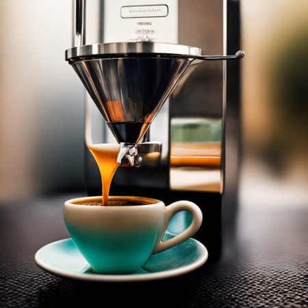 Espresso pouring from coffee machine, close up. Generative AIの素材