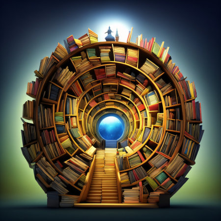AI generated image of a colorful library of magic, with portals to pass thoughの素材