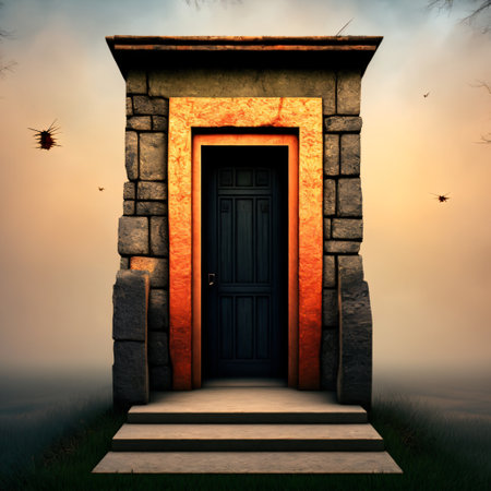At the foot of the ancient stone steps, a dark, unsettling basement door is open. Generative AIの素材