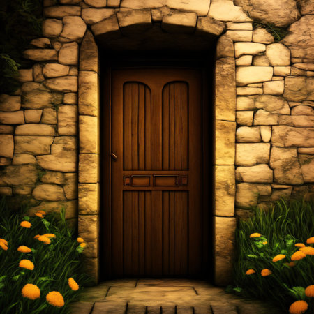 At the foot of the ancient stone steps, a dark, unsettling basement door is open. Generative AIの素材