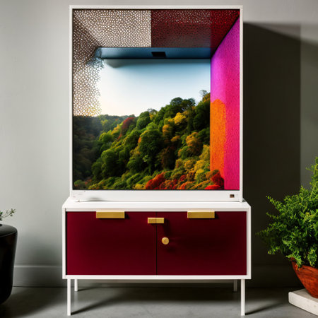 LED TV mounted on cabinet in contemporary living room with background of white walls. Generative AIの素材