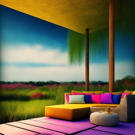 Trendy outdoor patio, cosy terrace with furniture, generative ai imageの素材