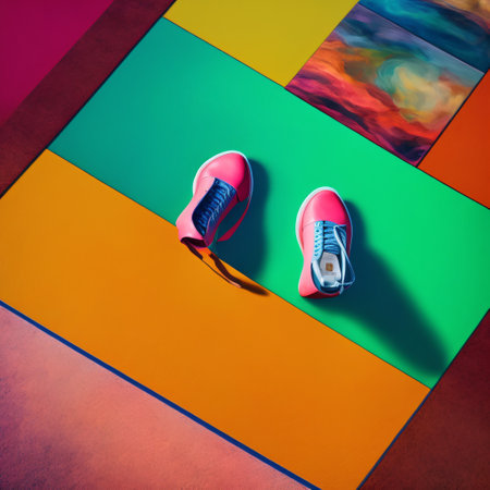 Women's legs in orange shoes. Bright orange shoes and handbag created with Generative AI technologyの素材