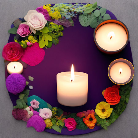 spa composition on massage with Soft White Towels, Essential Oils, flower, Candles, and Relaxation. Generative AIの素材