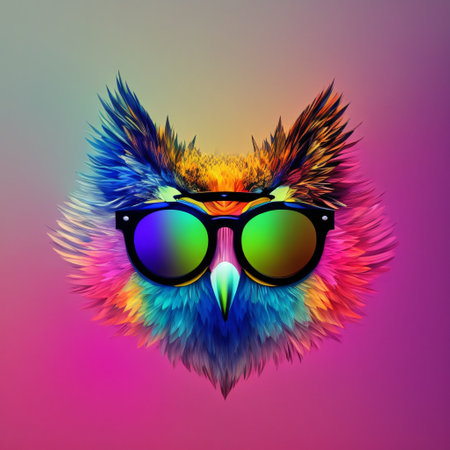 owl wearing sunglasses on a solid color background, vector art, digital art, faceted, minimal, abstract. Generative AI.の素材