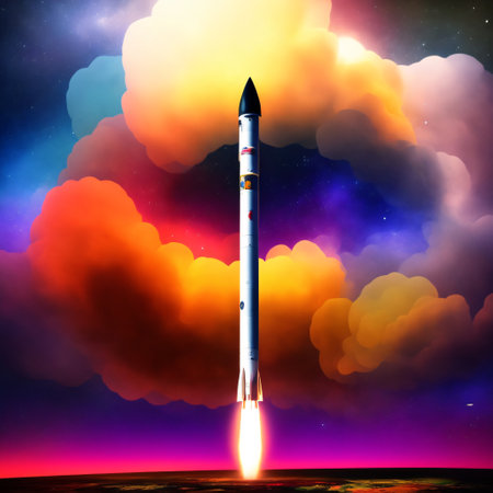 A rocket soars from Earth into space, science concept. Generative AIの素材
