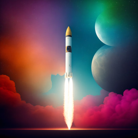 A rocket soars from Earth into space, science concept. Generative AIの素材