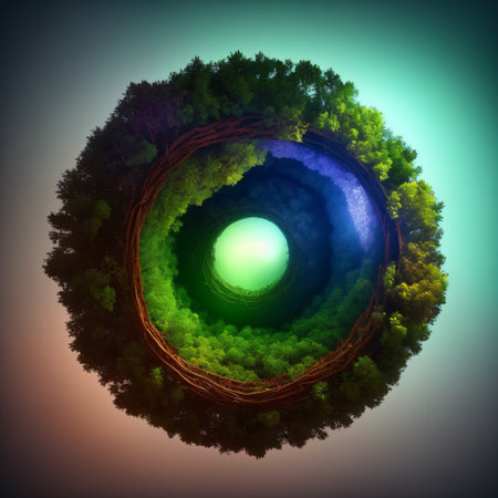 A magical, fantastic dense green forest. A blue neon portal is visible between the trees. Fabulous . 3d renderの素材