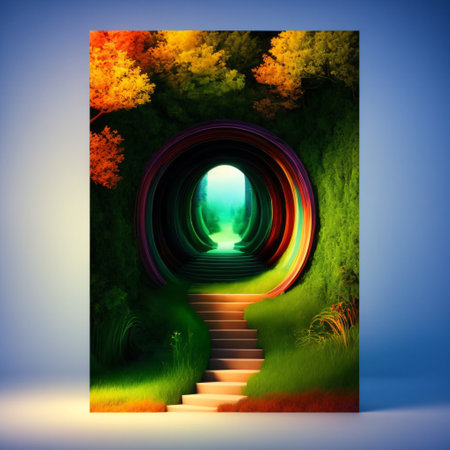 A magical, fantastic dense green forest. A blue neon portal is visible between the trees. Fabulous . 3d renderの素材