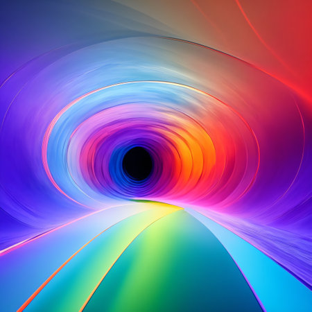 Abstract tunnel of a multicolor spectrum background. Bright rays of neon light and colorful glowing lines moving speed through the dark. 3d renderの素材