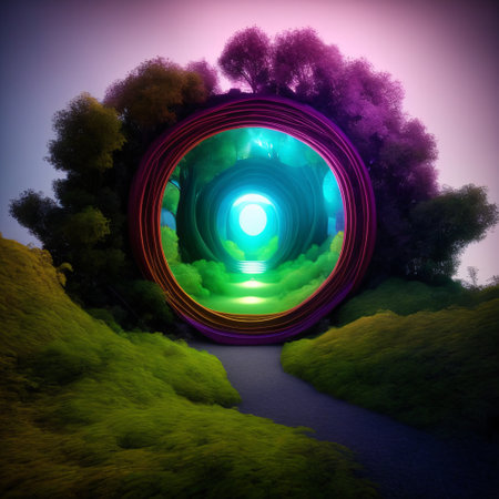 A magical, fantastic dense green forest. A blue neon portal is visible between the trees. Fabulous . 3d renderの素材