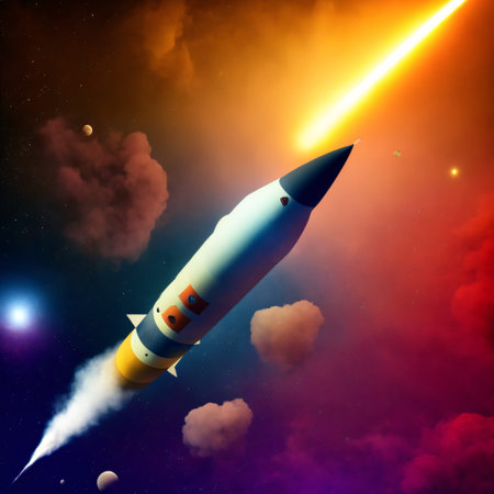A rocket soars from Earth into space, science concept. Generative AIの素材