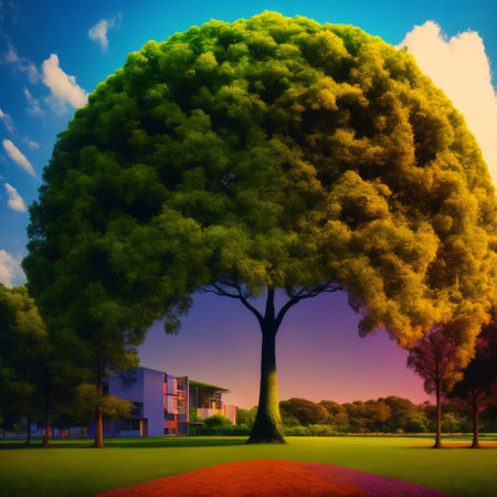 A mesmerizing low angle shot of modern glass buildings and green tree with clear sky backgroundの素材