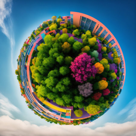 A mesmerizing low angle shot of modern glass buildings and green tree with clear sky backgroundの素材