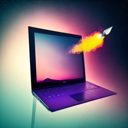 Laptop and rocket , purple background. Generative AIの素材