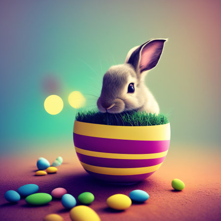 realistic 3d render of a happy, smiling and cute baby rabbit, looking from broken wallの素材