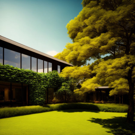 A mesmerizing low angle shot of modern glass buildings and green tree with clear sky backgroundの素材