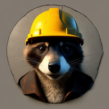 Engineer raccoon in a work helmet on a construction site. Construction of a large house from cement and building materials, Generative AIの素材