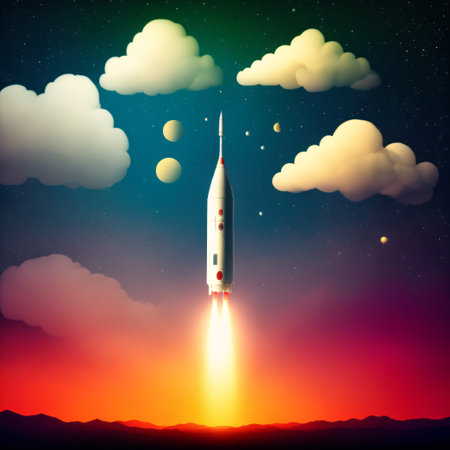 Paper cut  flying space rocket in night sky, stars and clouds on blue background, created with Generative AIの素材