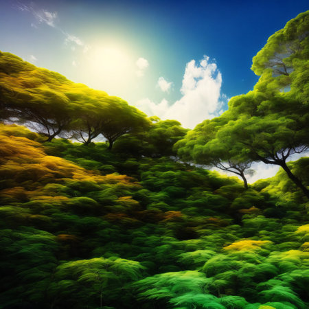 A mesmerizing low angle shot of modern glass buildings and green tree with clear sky backgroundの素材