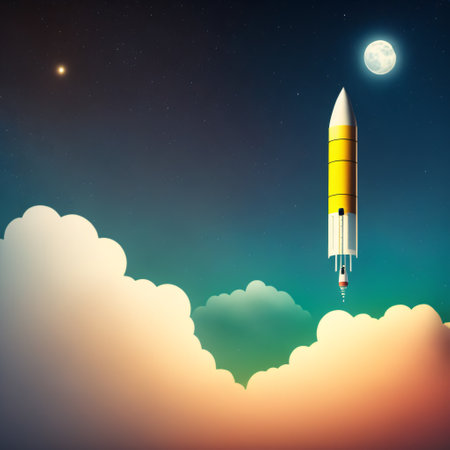 Paper cut  flying space rocket in night sky, stars and clouds on blue background, created with Generative AIの素材