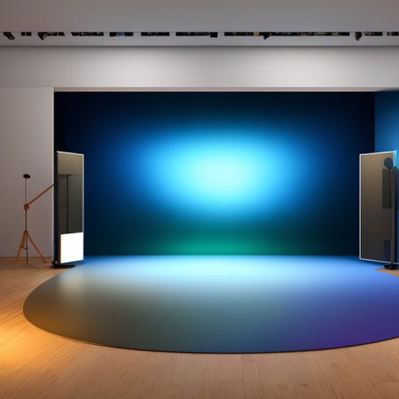 Blue empty podium with glowing neon frame in the dark for product presentation. 3D rendering, ai artの素材