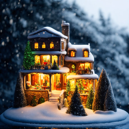 Christmas Village. Night winter New Year's festive small town decorated with Christmas decorations, snow, garlands, houses, winter streets, night.の素材