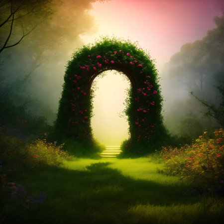Spectacular archway covered with vine in the middle of fantasy fairy tale forest landscape, misty on spring time. Digital art 3D .の素材