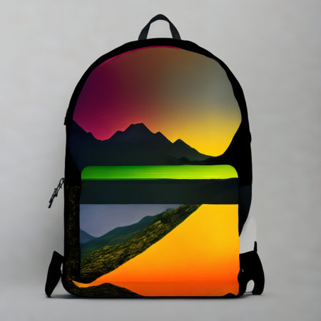 cyborg with tourist backpack and mountains abstract flat background. Generative AIの素材
