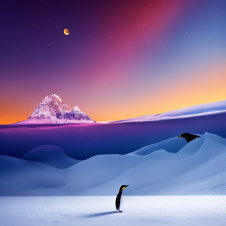 Portrait of a penguin in a snowy landscape. Playful, happy animal. Soft sunset background. Generative AIの素材