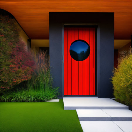 A contemporary Australian home or residential building's front yard features artificial grass lawn turf with timber edging generative aiの素材