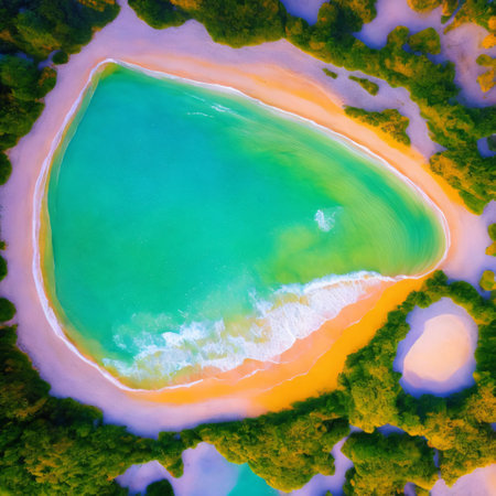 Summer background watercolor sea wave and sand Beach. Top bird eye view generative ai.の素材