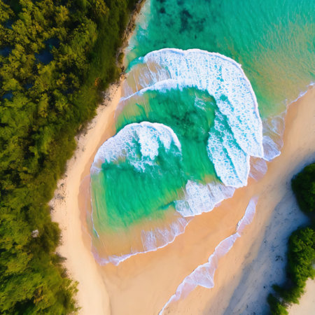 Summer background watercolor sea wave and sand Beach. Top bird eye view generative ai.の素材