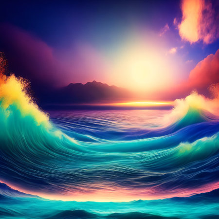 anime landscape  with waves, shining wavesの素材