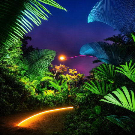Dark green tropical leaves colorful neon light, backlight, leaves composition, plant background, cyborgstera, palm leaves. AIの素材