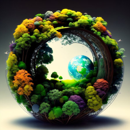 Ecology concept with planet earth in a round frame made of treesの素材