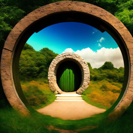 Round stone portal in the forest, an abandoned temple. Path made of stones in the forestの素材