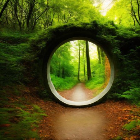 Round stone portal in the forest, an abandoned temple. Path made of stones in the forestの素材