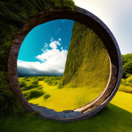 Round stone portal in the forest, an abandoned temple. Path made of stones in the forestの素材